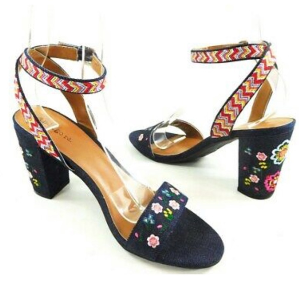 Embroidered Floral Denim Heeled Sandals size 9